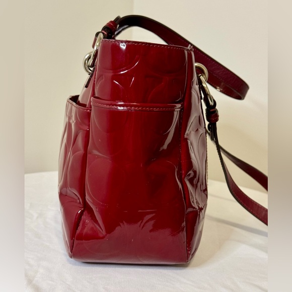 Coach Embossed Signature Burgundy Patent Leather Shoulder Bag - Picture 4 of 16